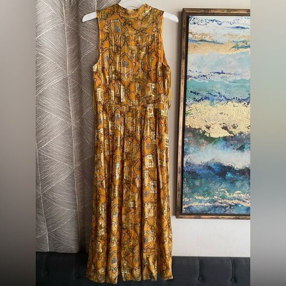 Anthropologie HD in Paris Goldspun Paisley Silk Dress Pleated size 2 Sleeveless - Picture 5 of 17